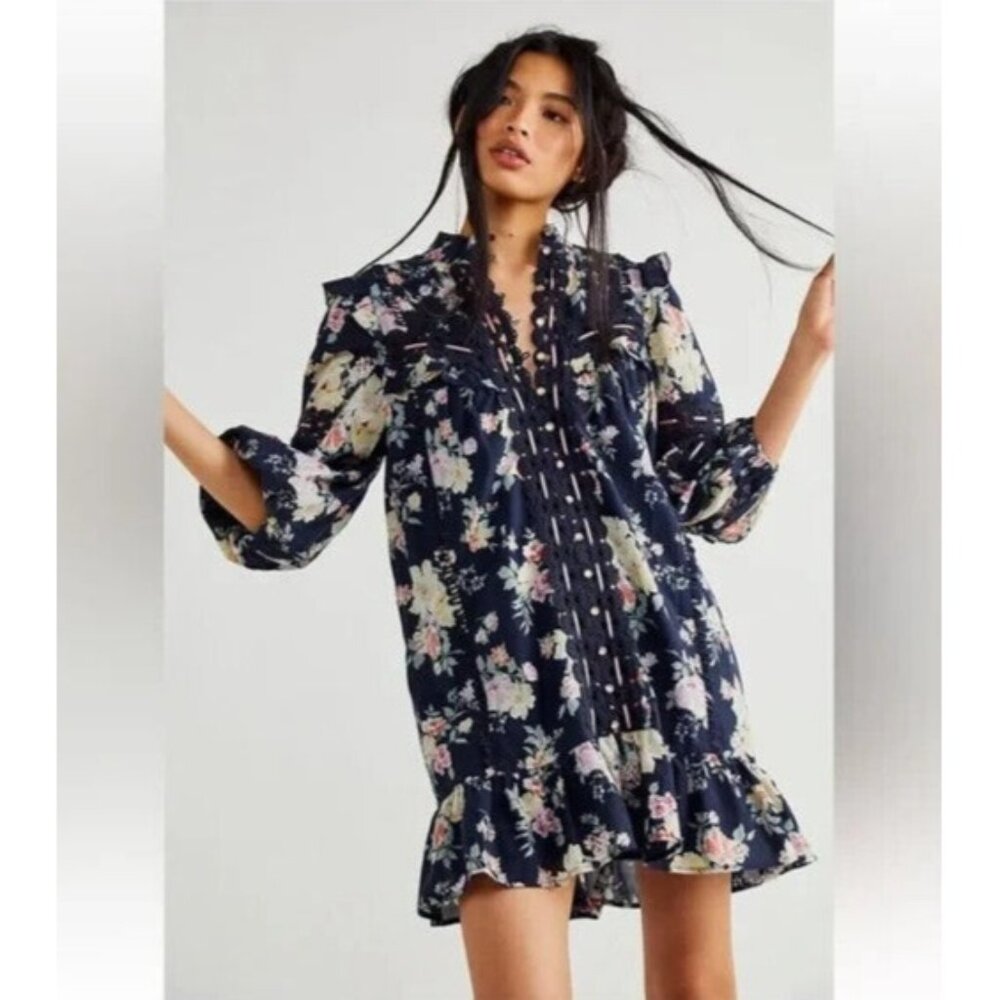 Rahi x Free People Dress Blue Floral Print Button 3/4 Sleeve NWT